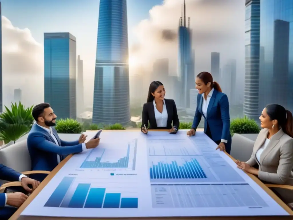 Un equipo diverso de profesionales inmobiliarios colaborando en una ciudad latinoamericana, transmitiendo innovación y progreso
