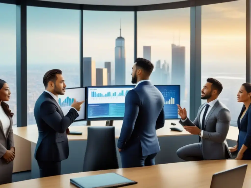 Profesionales inmobiliarios innovadores en sesión de brainstorming Un equipo diverso de profesionales inmobiliarios colaborando en un moderno ambiente de oficina, con gráficos y pantallas digitales mostrando tendencias del mercado inmobiliario global