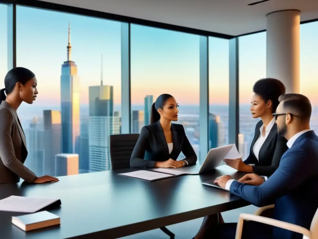 Equipo legal diverso en oficina moderna Equipo diverso de profesionales legales en oficina moderna discutiendo documentos sobre financiamiento de proyectos inmobiliarios