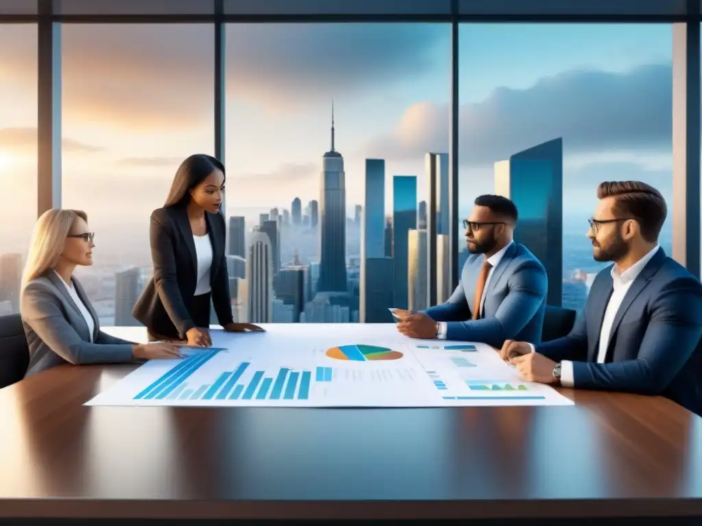 Reunión de expertos en inversiones inmobiliarias Equipo diverso de profesionales discutiendo leyes financieras en oficina moderna