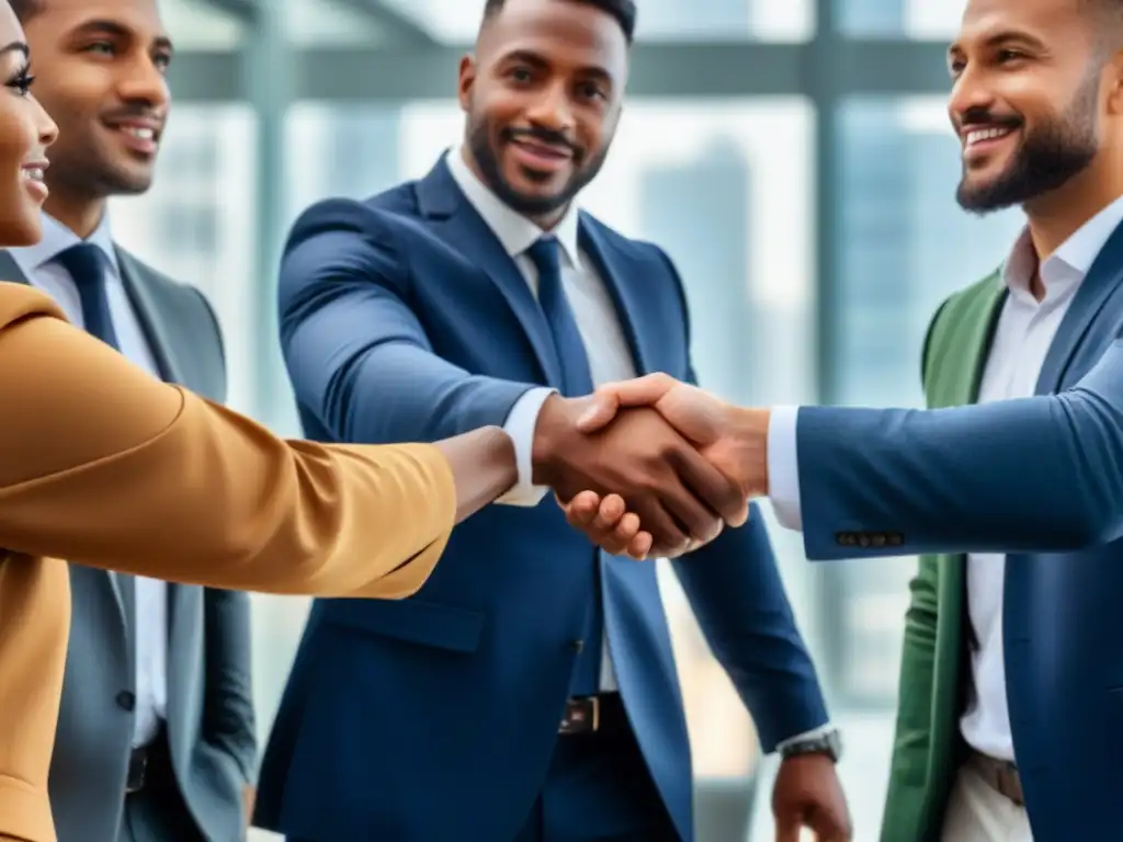 Alianzas éticas en financiamiento inmobiliario: confianza y profesionalismo Equipo diverso de profesionales se estrechan la mano en una oficina moderna, simbolizando la importancia de ética financiera inmobiliaria