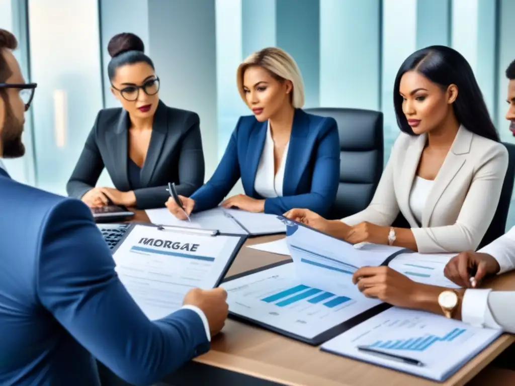 Profesionales diversos negociando hipotecas Equipo diverso de profesionales negociando mejor tasa interés hipoteca en una oficina moderna y luminosa