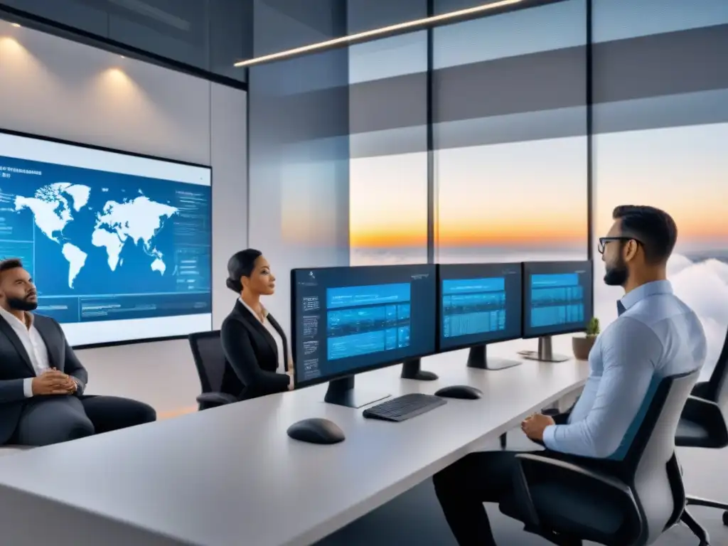 Profesionales innovando con IA en financiamiento inmobiliario Un equipo diverso de profesionales colaborando en un moderno entorno de oficina, discutiendo algoritmos de IA sobre financiamiento inmobiliario
