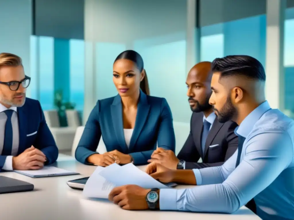 Equipo de profesionales en oficina moderna colaborando en estrategias hipotecarias Un equipo diverso de profesionales colabora en un moderno despacho, discutiendo estrategias financieras