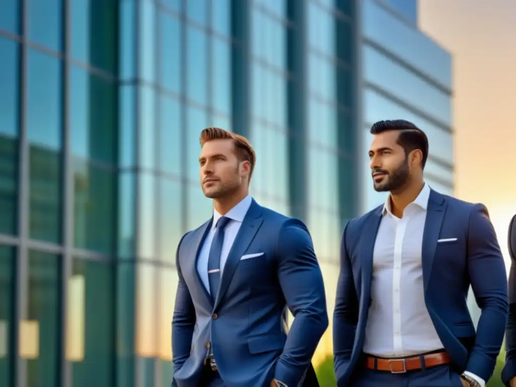 Equipo de profesionales exitosos en la gestión de carteras inmobiliarias Un equipo diverso de profesionales de negocios frente a un edificio moderno al atardecer, mostrando éxito en gestión de portafolios inmobiliarios