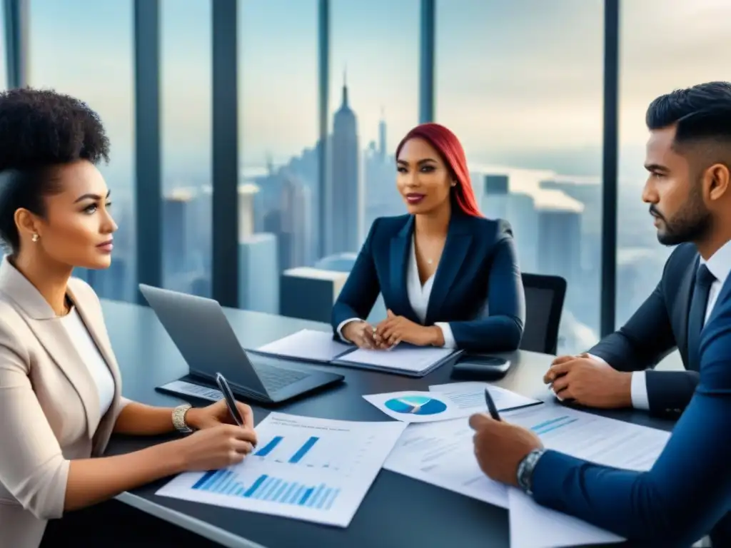Reunión de profesionales: expertos en hipotecas en una oficina moderna Un equipo diverso de profesionales en una oficina moderna, discutiendo opciones de hipoteca basadas en ingresos, colaborando con expertise