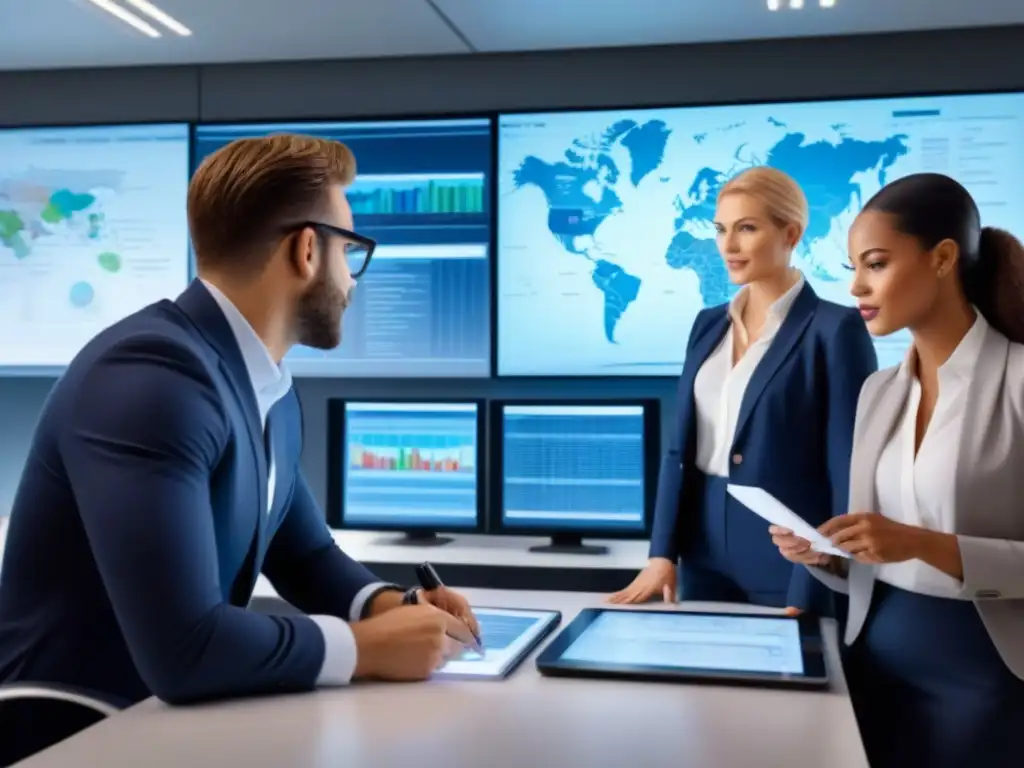 Profesionales innovadores en sesión de brainstorming en oficina moderna Un equipo diverso de profesionales colabora en una oficina moderna, resolviendo desafíos en mercados inmobiliarios emergentes