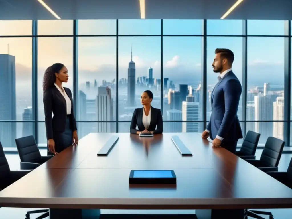 Profesionales colaborando en sala de reuniones futurista Equipo diverso de profesionales en oficina moderna con vista a la ciudad, discutiendo estrategias de afiliación en mercado inmobiliario