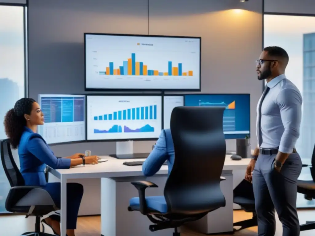 Equipo diverso innovando estrategias de marketing en moderna oficina Un equipo diverso de profesionales colabora en una oficina moderna, analizando datos y gráficos en pantallas de ordenador