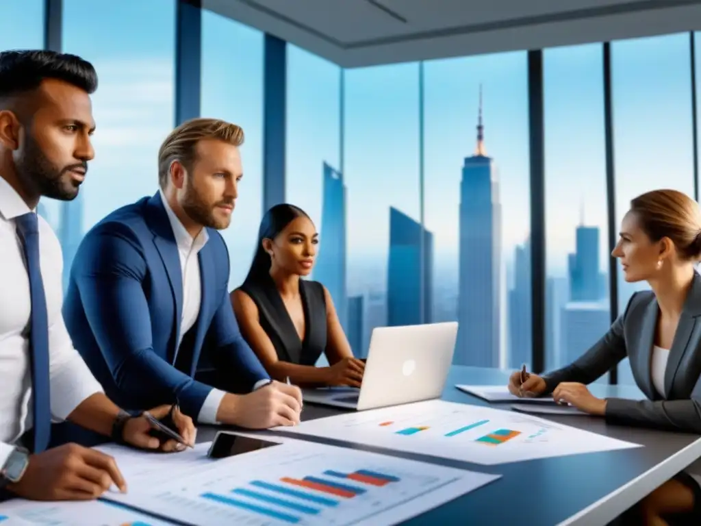 Profesionales en brainstorming: Oficina moderna con vista panorámica Un equipo diverso de profesionales colabora en una oficina moderna mientras discuten sobre gráficos y laptops en una mesa de conferencias elegante