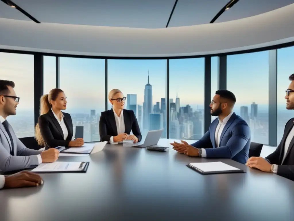Equipo diverso de profesionales en moderna oficina de hipotecas privadas Un equipo diverso de profesionales en una oficina moderna discutiendo sobre documentos financieros relacionados con hipotecas privadas