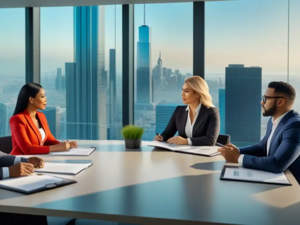 Profesionales de Real Estate en Oficina Moderna: Colaboración y Experiencia Equipo diverso de profesionales en una oficina moderna discutiendo sobre documentos de cumplimiento regulatorio préstamos inmobiliarios