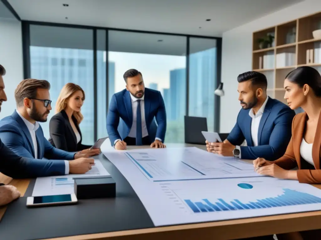 Equipo diverso planificando riesgos inmobiliarios Un equipo diverso de profesionales en una oficina moderna discutiendo estrategias de gestión de riesgos inmobiliarios