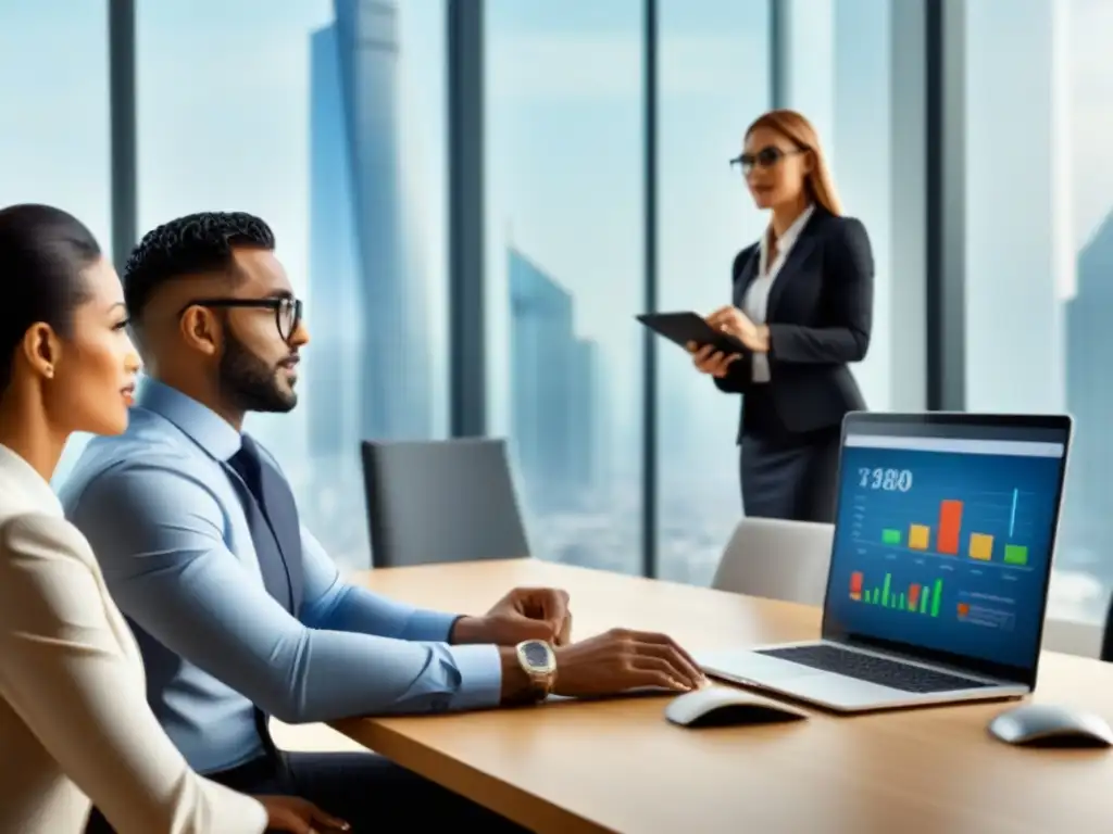 Expertos en inversiones inmobiliarias internacionales discuten en oficina moderna Equipo diverso de profesionales en oficina moderna discutiendo gráficos financieros de activos inmobiliarios internacionales, en consultoría fiscal