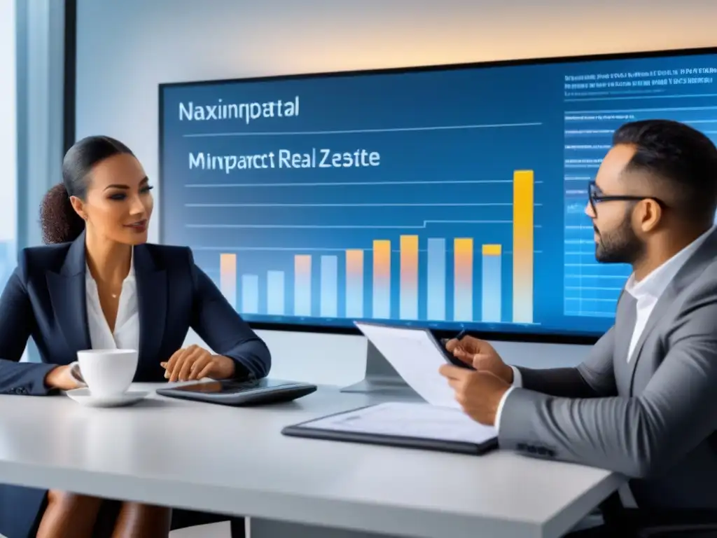 Profesionales internacionales planificando inversiones inmobiliarias Un equipo diverso de profesionales en oficina moderna discute sobre gráficos financieros