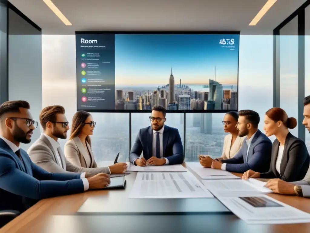 Profesionales diversificados en oficina moderna: Real Estate Un equipo diverso de profesionales en una oficina moderna discutiendo asuntos legales y propiedades, resaltando la importancia de la asesoría legal en compra de propiedades y remates