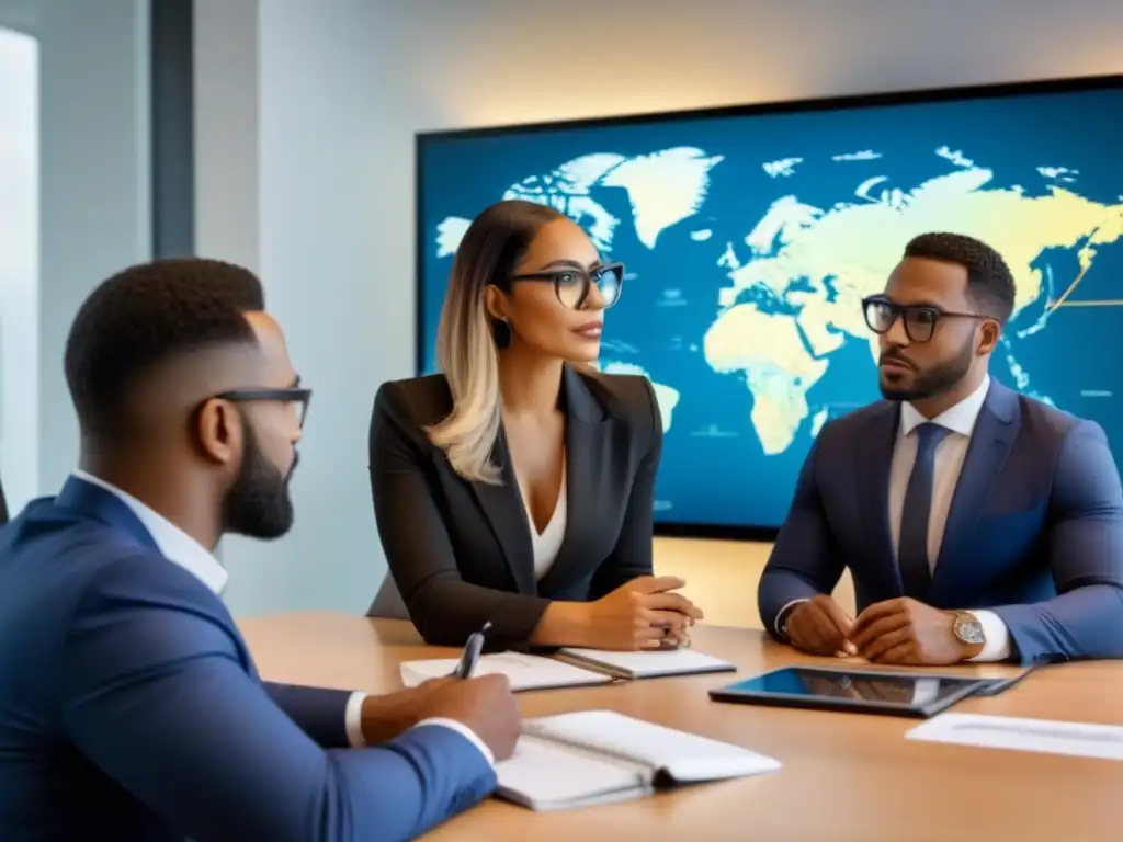 Equipo diverso previene ejecuciones hipotecarias en inversión inmobiliaria Un equipo diverso de profesionales en una oficina moderna, discutiendo estrategias para prevenir la ejecución hipotecaria en inversiones inmobiliarias