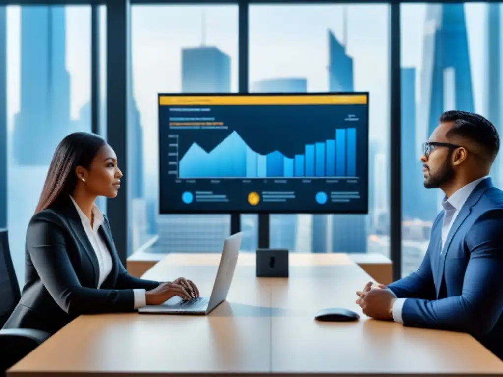 Equipo diverso en oficina moderna: gráficos y colaboración Un equipo diverso de profesionales colabora en una oficina moderna, con gráficos y pantallas digitales