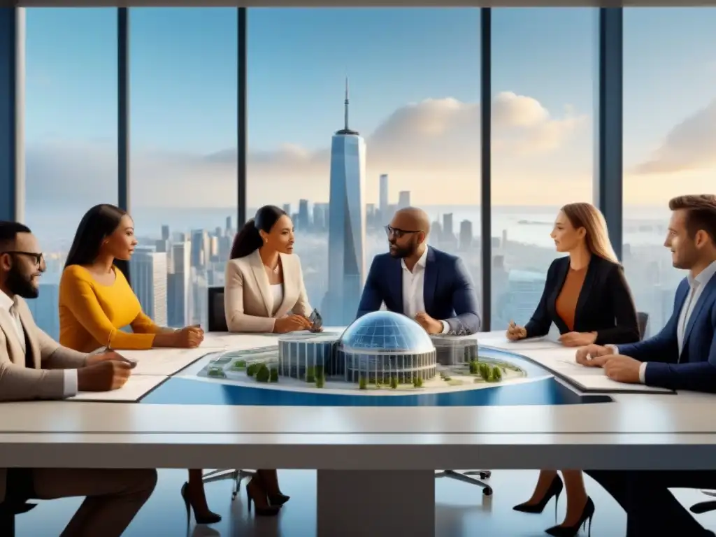 Equipo estratégico: planificación inmobiliaria en oficina moderna Un equipo diverso de profesionales en una oficina moderna discutiendo estrategias de crowdfunding inmobiliario