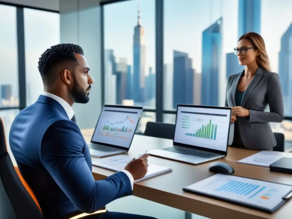 Profesionales en brainstorming: Ultradetalle en oficina moderna 8k Un equipo diverso de profesionales en una oficina moderna colaborando en planes financieros para préstamos premium para megaproyectos