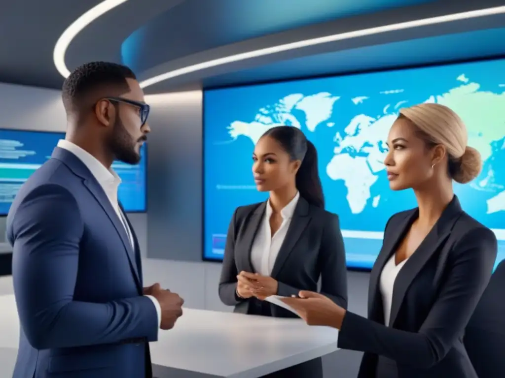 Profesionales de seguros en oficina futurista Equipo diverso de profesionales discutiendo pólizas de seguros en una oficina futurista con tecnología avanzada