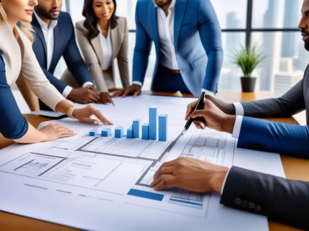 Equipo multidisciplinario innovador en proyecto inmobiliario Equipo diverso de profesionales colaborando en un proyecto inmobiliario moderno, destacando la innovación y expertise en requisitos legales