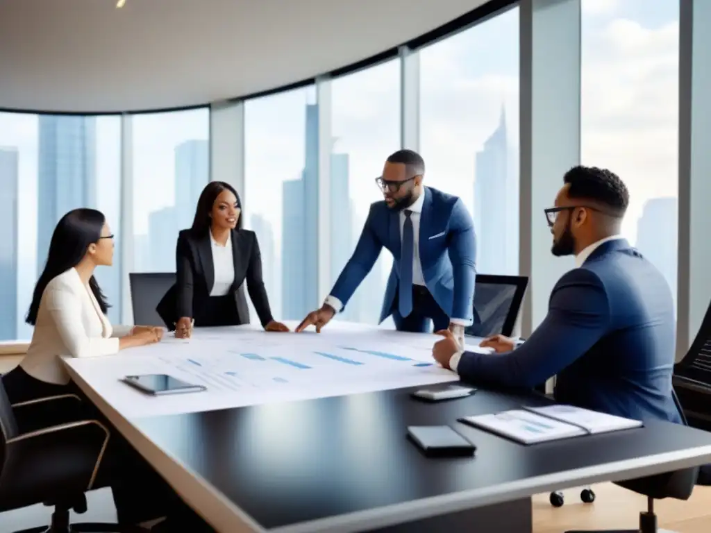 Reunión de profesionales en moderna oficina de finanzas Un equipo diverso de profesionales se concentra en una reunión en una oficina moderna con planos arquitectónicos y gráficos financieros