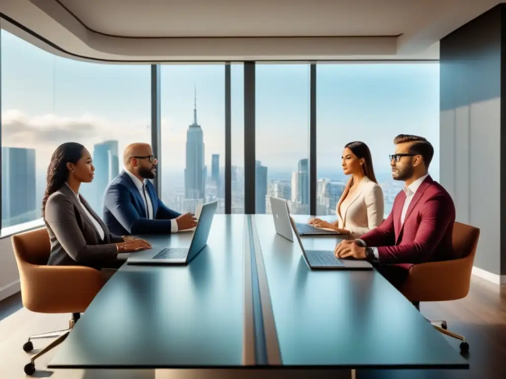 Profesionales analizan impuestos inmobiliarios en moderna oficina Un equipo diverso de profesionales en reunión de trabajo discutiendo estrategias de inversión inmobiliaria