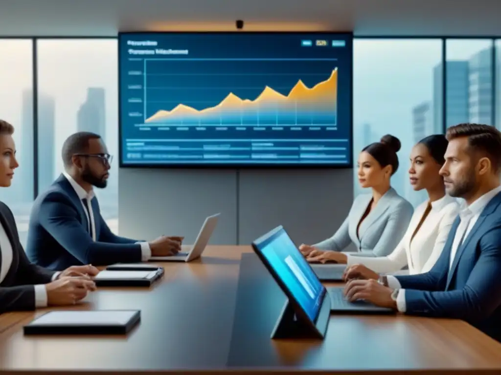 Inversión inmobiliaria: Profesionales expertos en estrategias financieras Un equipo diverso de profesionales serios discute estrategias de inversión inmobiliaria en una moderna sala de juntas