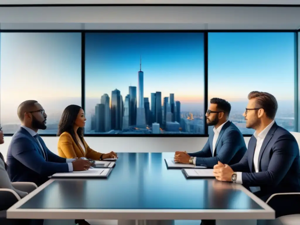 Profesionales diversificados en sesión de brainstorming financiero Un equipo diverso de profesionales en una sesión de lluvia de ideas sobre inversiones, en una oficina moderna y luminosa
