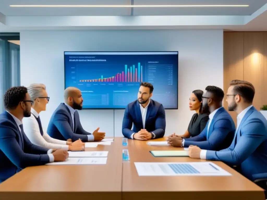 Inmersión en Finanzas Inmobiliarias: Profesionales en Acción Un equipo diverso de profesionales en trajes de negocios discuten sobre financiamiento inmobiliario en una oficina moderna