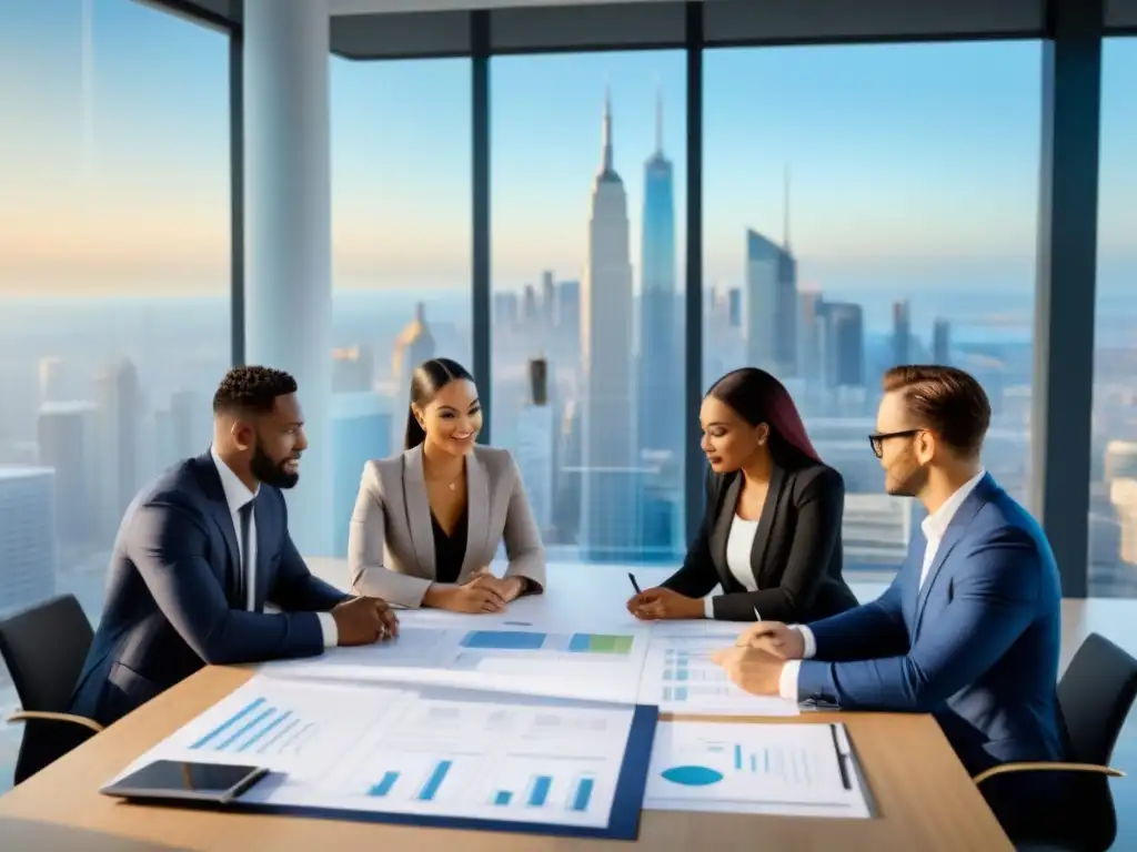 Profesionales de la propiedad: colaboración y ambición Un equipo diverso de profesionales en trajes de negocios discute colaborativamente certificaciones de alto valor inmobiliario en una oficina moderna con vista a la ciudad