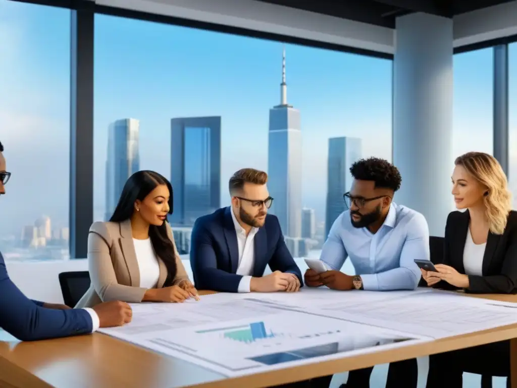 Innovación en crowdfunding inmobiliario: equipo diverso en acción Un equipo diverso colabora en un proyecto de crowdfunding inmobiliario en una oficina moderna