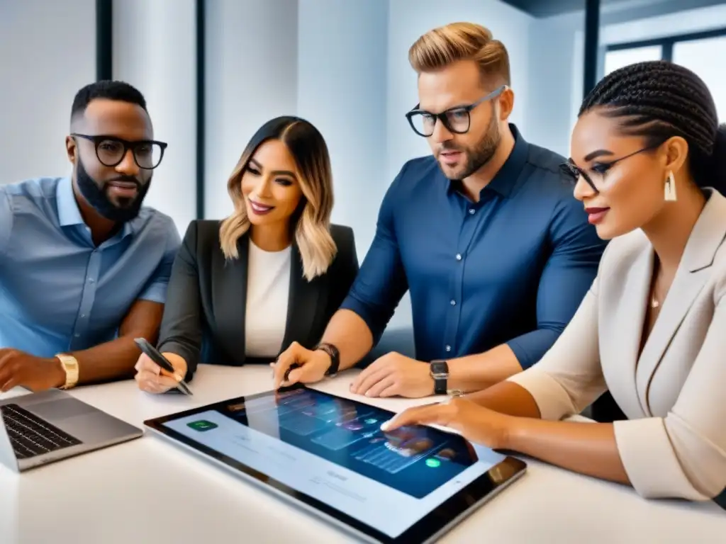 Equipo diverso crea estrategias para promoción inmobiliaria Un equipo diverso discute proyectos inmobiliarios con entusiasmo en una oficina elegante