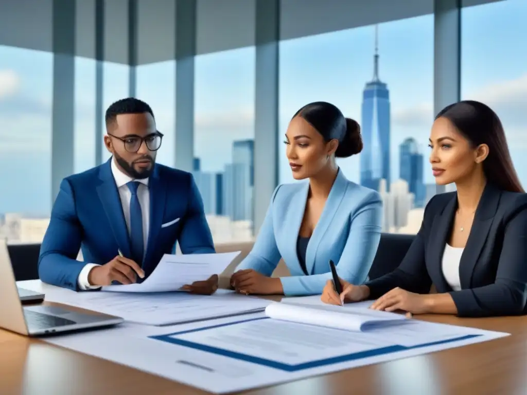 Revisión financiera en oficina moderna: aprobación de préstamo inmobiliario Equipo diverso revisando razones rechazo crédito inmobiliario en oficina moderna