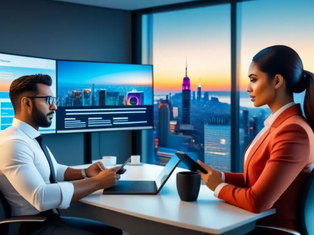 Equipo diverso gestiona riesgos inmobiliarios globales en reunión virtual Equipo diverso en reunión virtual, gestionando riesgos en inversiones inmobiliarias globales en oficina futurista