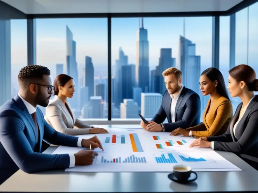 Equipo de profesionales analizando riesgos financieros en oficina moderna Equipo diverso analizando riesgo financiamiento inmobiliario comercial en moderna oficina con gráficos y colaboración