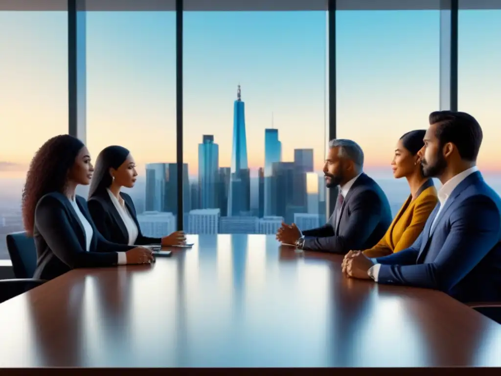 Profesionales diversificados discuten estrategias de inversión en Latinoamérica Equipo diverso analizando riesgos inversión mercado inmobiliario en oficina moderna con vista a la ciudad