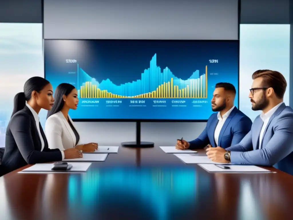 Equipo profesional revisando estrategias de inversión inmobiliaria Equipo diverso en sala de juntas, revisando documentos financieros y discutiendo estrategias de inversión inmobiliaria