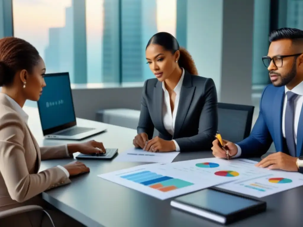 Profesionales analizan gráficos financieros en moderna oficina Equipo diverso analizando tasas de interés para primer préstamo en moderna oficina