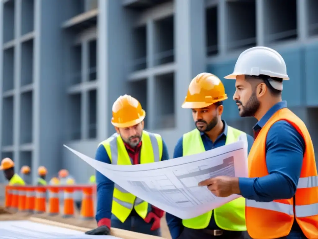 Equipo diverso en obra: progreso y profesionalismo Equipo diverso de trabajadores en obra colaborando en proyecto de construcción moderna