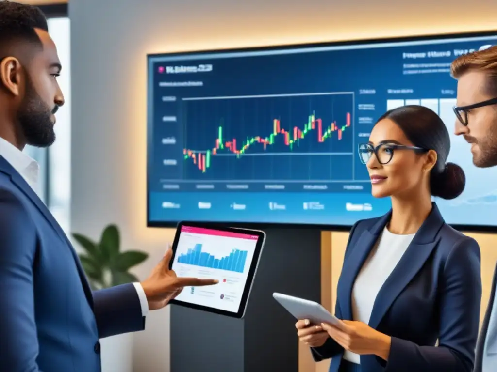 Profesionales de negocios debatiendo estrategias fintech en oficina moderna Un equipo diverso en traje de negocios discute estrategias fintech en una oficina elegante, con gráficos de marketing inmobiliario en pantalla