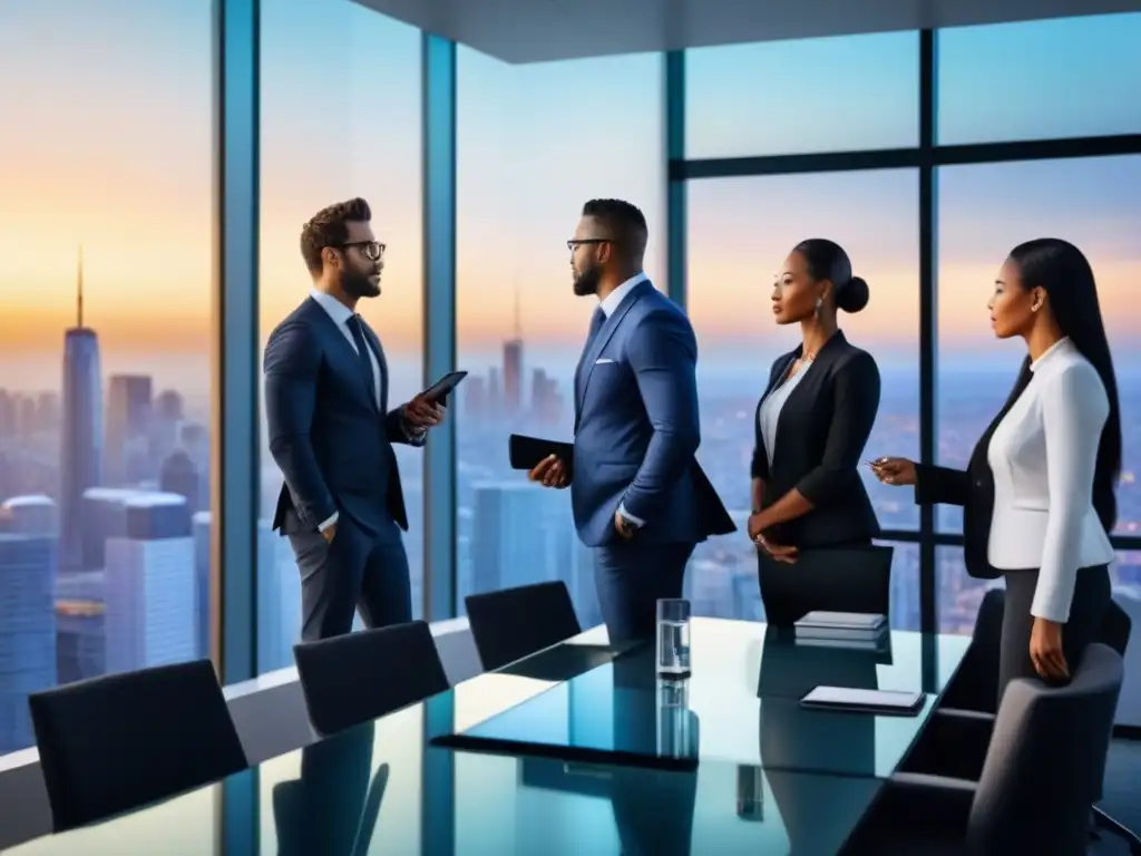 Innovación empresarial: brainstorming en la ciudad al atardecer Equipo diverso en traje de negocios, colabora en moderna sala de juntas con vista a la ciudad al atardecer