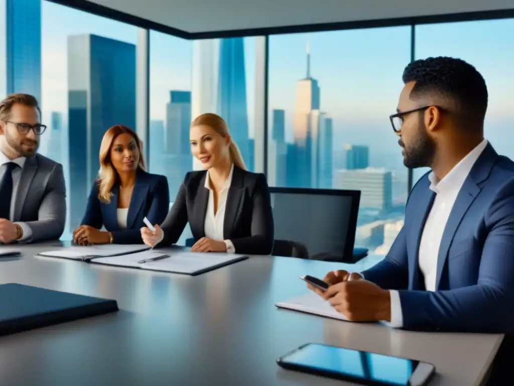 Reunión estratégica de profesionales inmobiliarios en oficina moderna Equipo de estrategias afiliados en sector inmobiliario, reunidos en oficina moderna, enfocados y colaborando intensamente