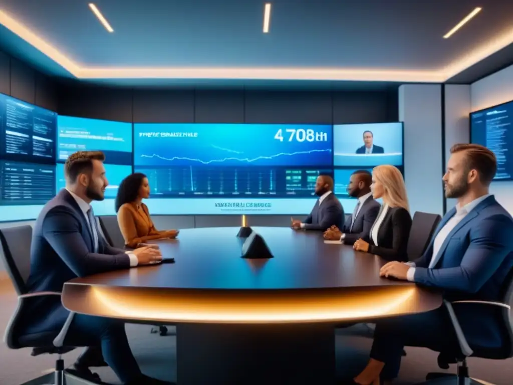 Equipo financiero en reunión estratégica con tecnología de vanguardia Equipo de expertos financieros debatiendo estrategias de técnicas mitigación riesgos préstamos inmobiliarios en sala futurista
