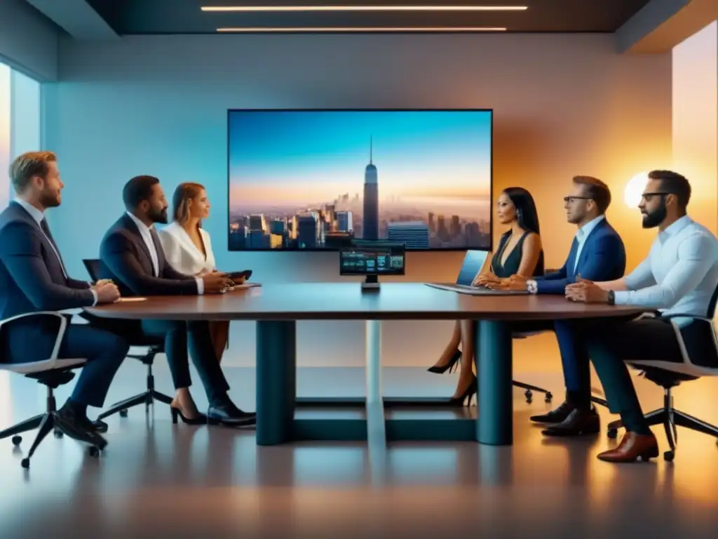 Profesionales de Real Estate en Mesa de Conferencias 8K Equipo de expertos en sindicación inmobiliaria para inversores analizando datos y estrategias en una sala moderna y tecnológica