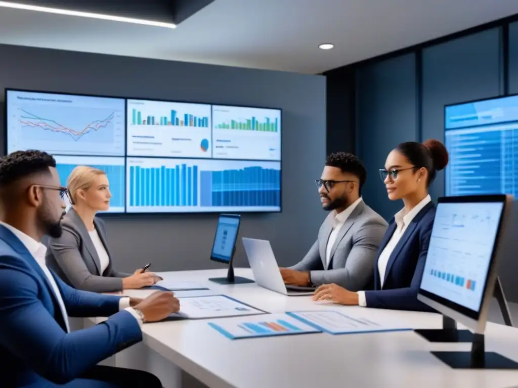 Equipo de profesionales colaborando en oficina moderna Equipo ideal proyecto flipping propiedades colabora en oficina moderna con tecnología y planos