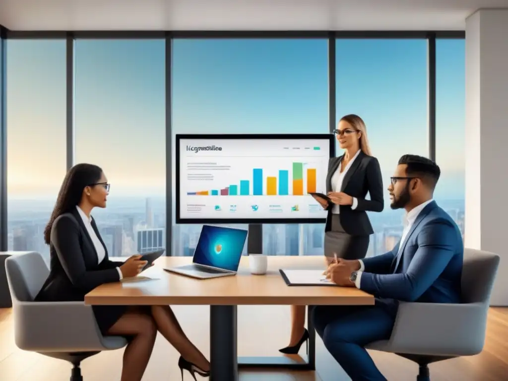 Equipo diverso discutiendo crowdfunding inmobiliario Un equipo multicultural discute el cumplimiento normativas crowdfunding inmobiliario en una oficina futurista