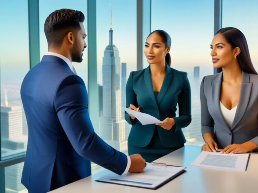 Equipo financiero diverso analiza opciones hipotecarias en oficina moderna Un equipo multicultural revisa documentos financieros y discute opciones hipotecarias en una oficina moderna