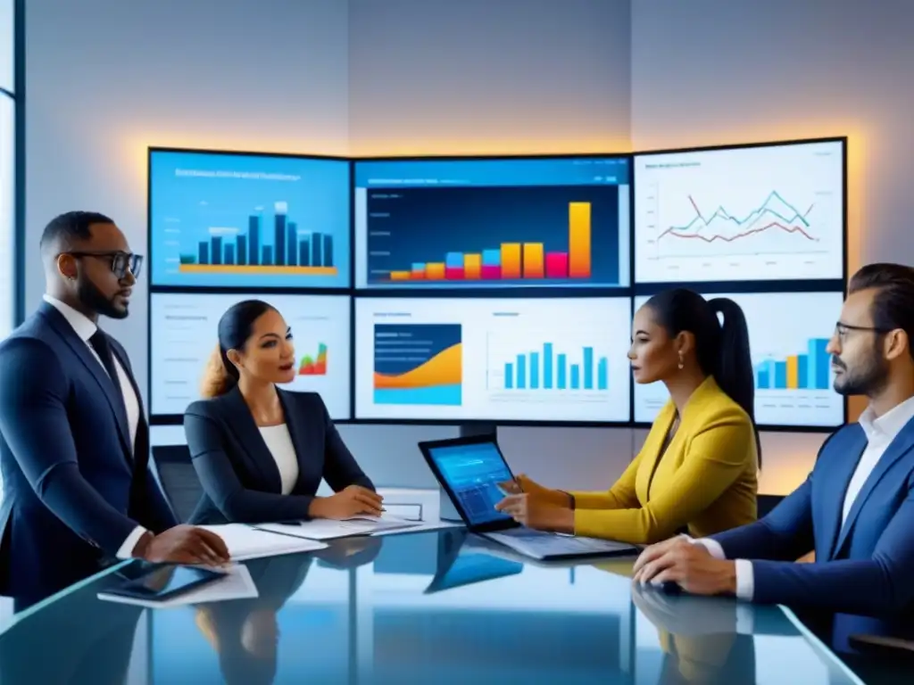 Equipo diverso innova en finanzas inmobiliarias con tecnología futurista Un equipo multicultural discute sobre Planificación fiscal inversión inmobiliaria en una oficina moderna con tecnología de vanguardia